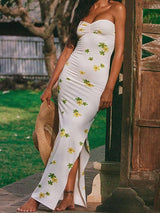 Çiçek Desenli Dantelli Yırtmaçlı Straplez Maxi Elbise