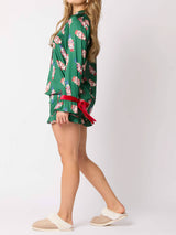 Yeşil Saten Kırmızı Kurdeleli Fındık Kıran Pijama Takımı