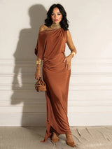 Oblique Collar Off-Shoulder Pleated Maxi Dress
