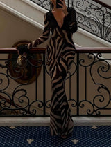 Elegant Night Chiffon Colorblock Animal Print Tie-up Long Sleeve Maxi Dress