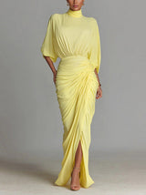 Elegant High-neck Half-sleeve Pleated Maxi Dress