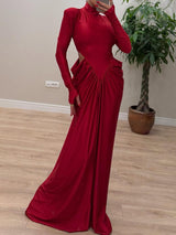 Elegant Hollow High-neck Slim Pleated Maxi Dress