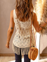 Boho Tığ Örgü Kolsuz Saçaklı Tank Top