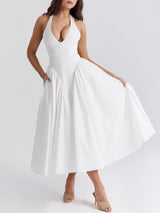 Pileli Dikişli Derin V Yaka Boyundan Bağlamalı Düz Midi Elbiseler