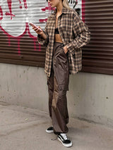 Vintage Ekose Gömlek Kadın Gevşek Pötikareli Kadın Bluz Sonbahar