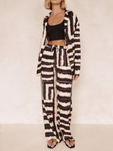 Signature Şerit Dokulu Çikolata Desenli Şalvar Pantolon Takım