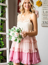 Peri Renk Bloklu İsviçre Noktası Fırfırlı Katlı Spagetti Askılı Elbise