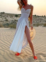 Dökümlü Puantiyeli Yırtmaçlı Midi Elbise