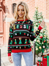 Yuvarlak Yaka Bol Kesim Noel Nakışlı Payet Örgü Kazak