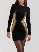 Siyah & Altın Folyo Desenli Mini Elbise