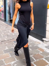 Yuvarlak Yaka Kolsuz Kravatlı Düz Renk Elbise