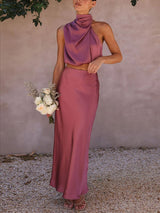 Saten Boyundan Bağlamalı Crop Top + Wrap Mini Etek