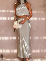 Saten Boyundan Bağlamalı Crop Top + Wrap Mini Etek