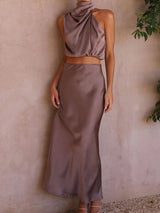 Saten Boyundan Bağlamalı Crop Top + Wrap Mini Etek