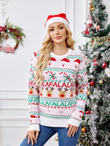 Bol Kesim Yuvarlak Yaka Noel Karikatür Örgü Kazak - Pembe