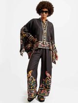 İnce Saten Çiçek Desenli Batwing Kol Pantolon Takım - Siyah