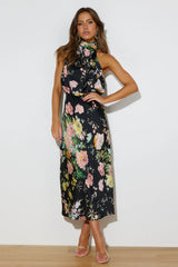 Şarap Ülkesi Tarihleri Çiçekli Boyundan Bağlamalı Elastik Bel Uzun Elbise