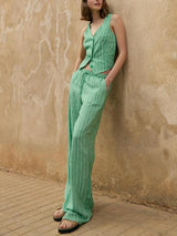 Çizgili V Yaka Kolsuz Takım Elbise Yelek Üst