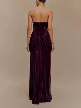 Askısız Kadife Maxi Elbise - Erik Rengi