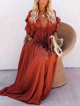 Düğmeli Pamuk Keten Mükemmel Plaj Boho Maxi Elbise