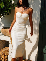 Sırtı Açık Payet Bölünmüş Midi Elbise