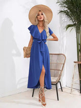 Vintage Volanlı V Yaka Elbise