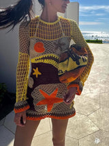 Mercan Resifi İlhamlı Desenli Kroşe Mini Elbise