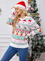 Bol Kesim Yuvarlak Yaka Noel Karikatür Örgü Kazak - Pembe