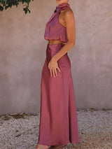 Saten Boyundan Bağlamalı Crop Top + Wrap Mini Etek