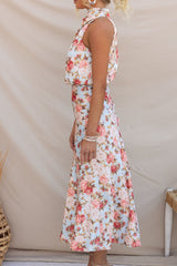 Şarap Ülkesi Tarihleri Çiçekli Boyundan Bağlamalı Elastik Bel Uzun Elbise