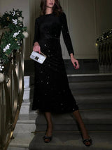 Siyah Payet Desenli Kadife Midi Elbise