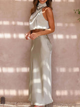 Saten Boyundan Bağlamalı Crop Top + Wrap Mini Etek