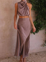 Saten Boyundan Bağlamalı Crop Top + Wrap Mini Etek