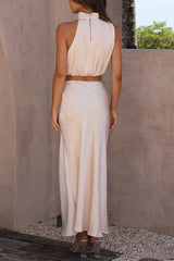 Saten Boyundan Bağlamalı Crop Top + Wrap Mini Etek