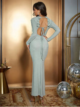 Sade Şık Sırt Dekolteli Uzun Kollu Elbise