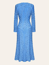 Mavi Payet Desenli Kadife Midi Elbise