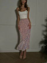 Açık Pembe Payet Desenli Kadife Etek