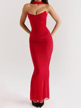 Kırmızı Straplez Korsaj ve Kravatlı Yüksek Bel Etek Takımı