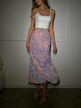 Açık Pembe Payet Desenli Kadife Etek