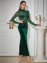 Seksi Kadife File Kollu Elbise