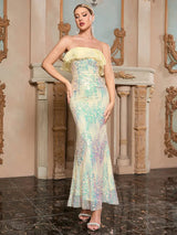 Şık Askısız Payetli Vücut Sıkı Elbise