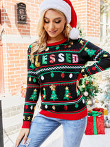 Yuvarlak Yaka Bol Kesim Noel Nakışlı Payet Örgü Kazak