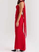 Kırmızı Straplez Korsaj ve Kravatlı Yüksek Bel Etek Takımı