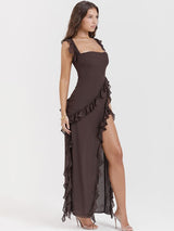 Kırışık Uzun Maxi Askılı Elbise - Kahve