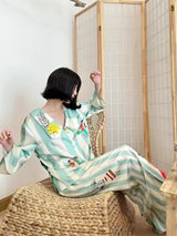 Ev Tekstili - Baskılı Buz İpek Uzun Kollu Pijama Takımı