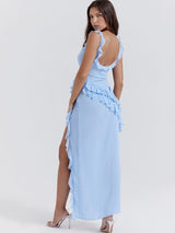 Fırfırlı Uzun Askılı Elbise - Mavi