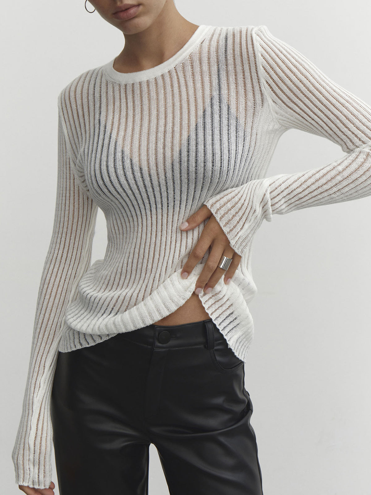Şeffaf Ribbed Mesh Üst