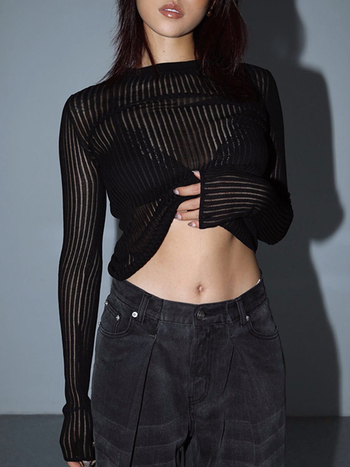 Şeffaf Ribbed Mesh Üst