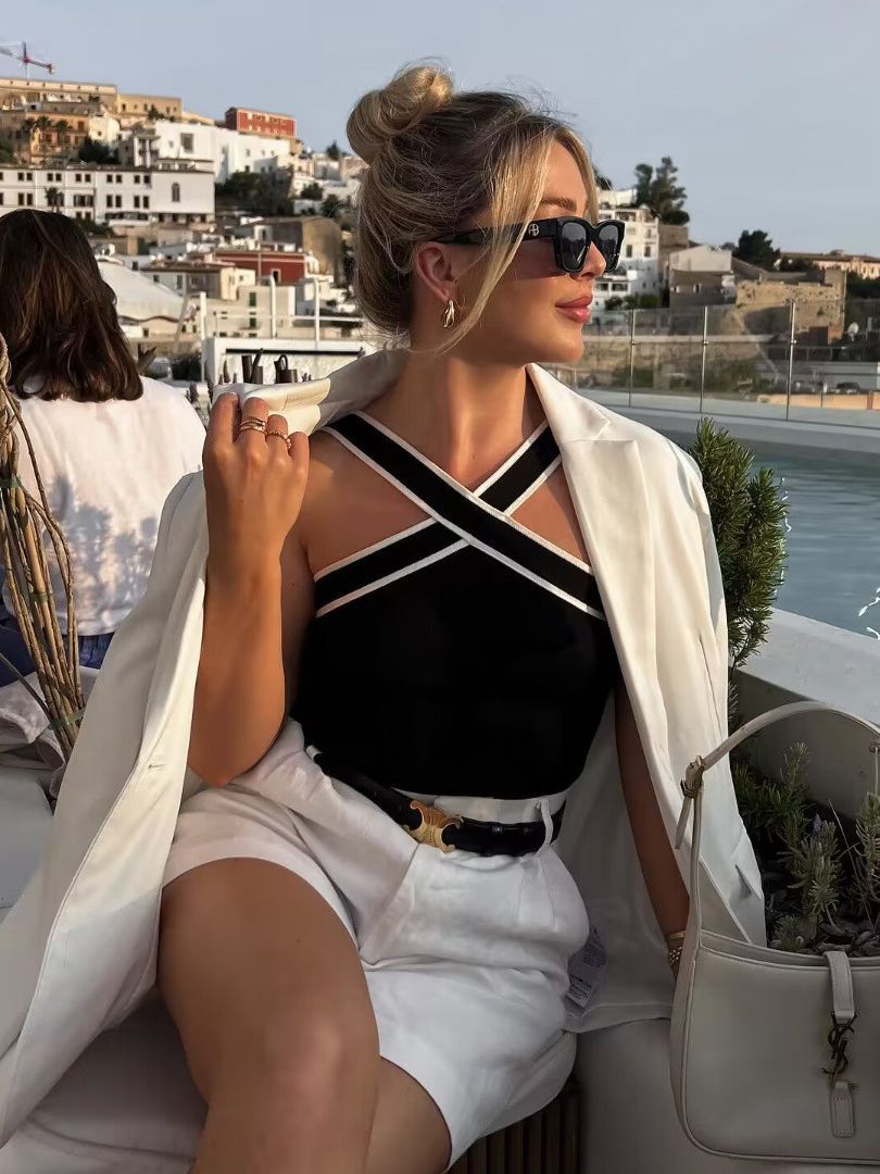 Kontrast Trim Askılı Örgü Üst