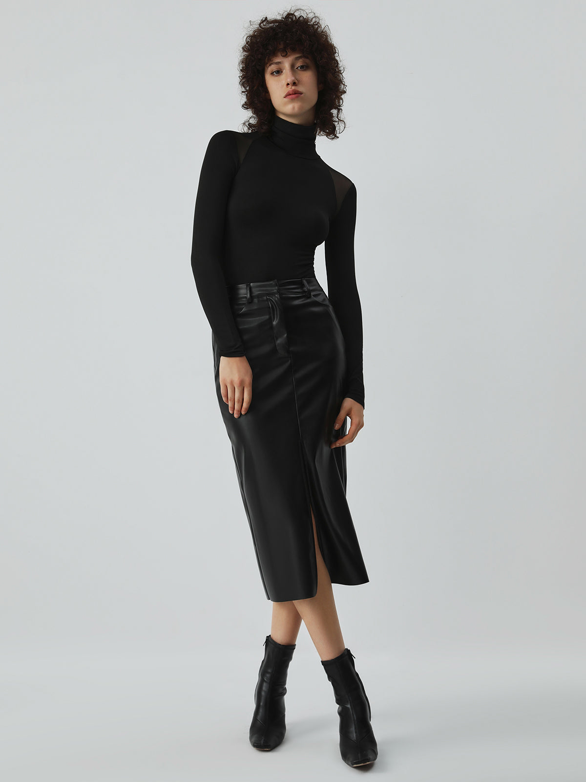 Patchwork Mesh Turtleneck Uzun Kollu Body